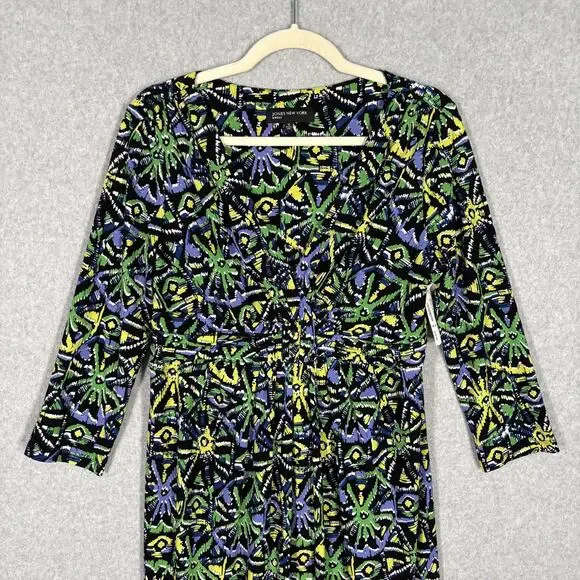 Jones New York Dress 10 Wrap Ruched Slinky Abstract Artsy Career Church Print